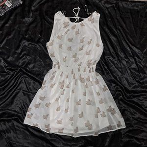 Cat-print mini dress, white summer halter dress